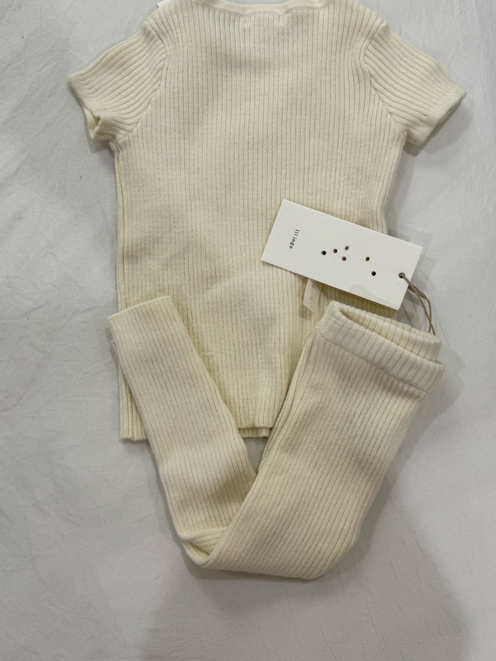Kids Ribbed Matching Leggings Set in Cream - Minimal Short Sleeve Top & Leggings